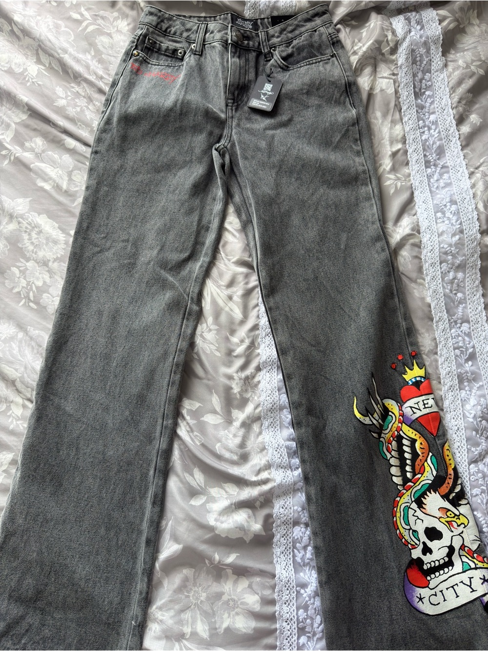Ed Hardy Gray Straight Leg Jeans with Colorful Skull & Snake Print